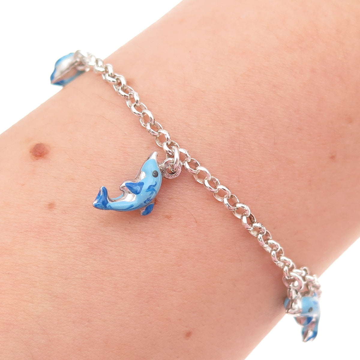 925 Sterling Silver Vintage Italy Enamel Dolphin Rolo Link Bracelet 5.75-6.75"
