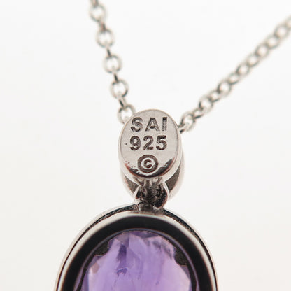Sai 925 Sterling Silver Italy Real Diamond & Amethyst Cable Chain Necklace 18"