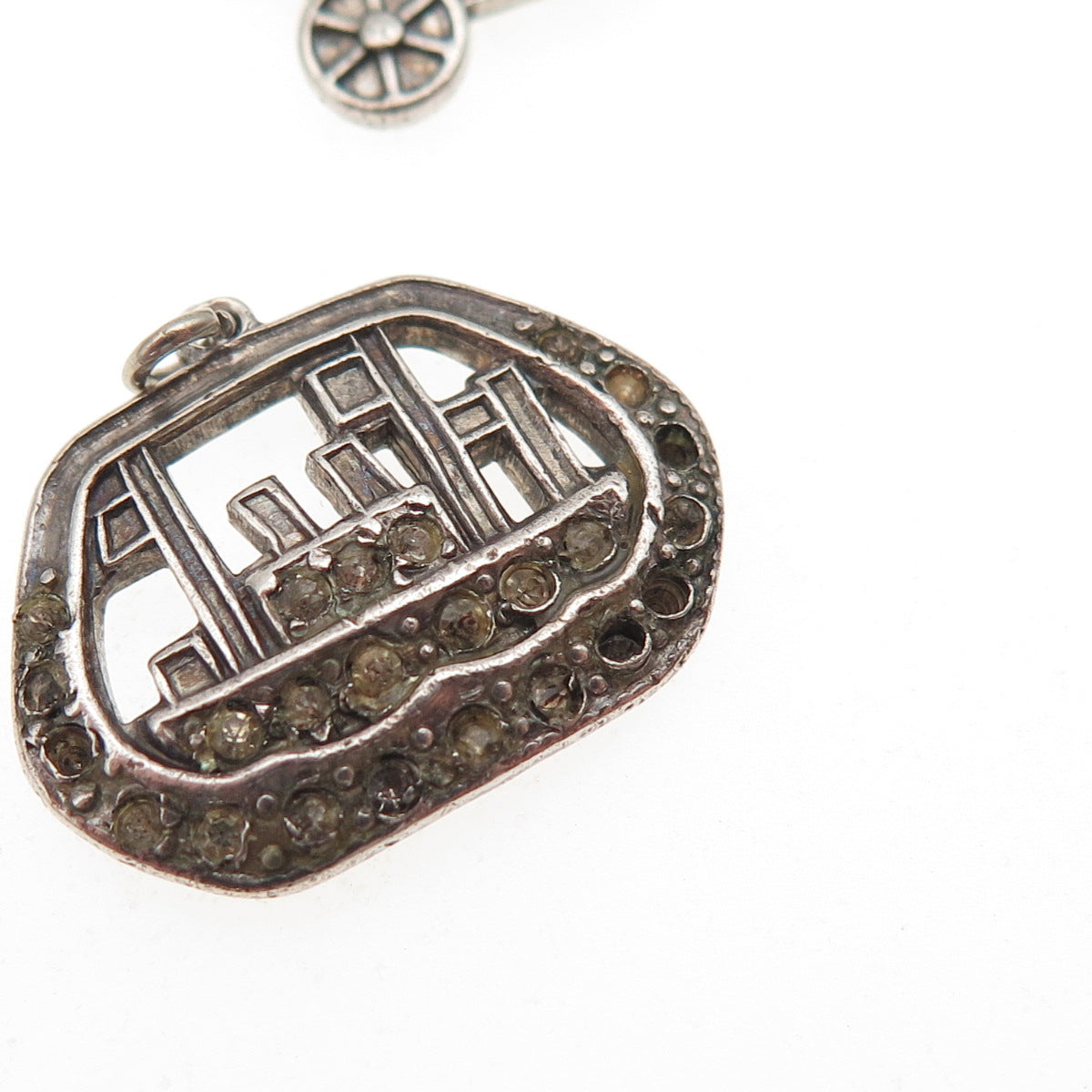 925 Sterling Antique Rhinestone Carriage Ship Train Pendants (missing 12 stones)