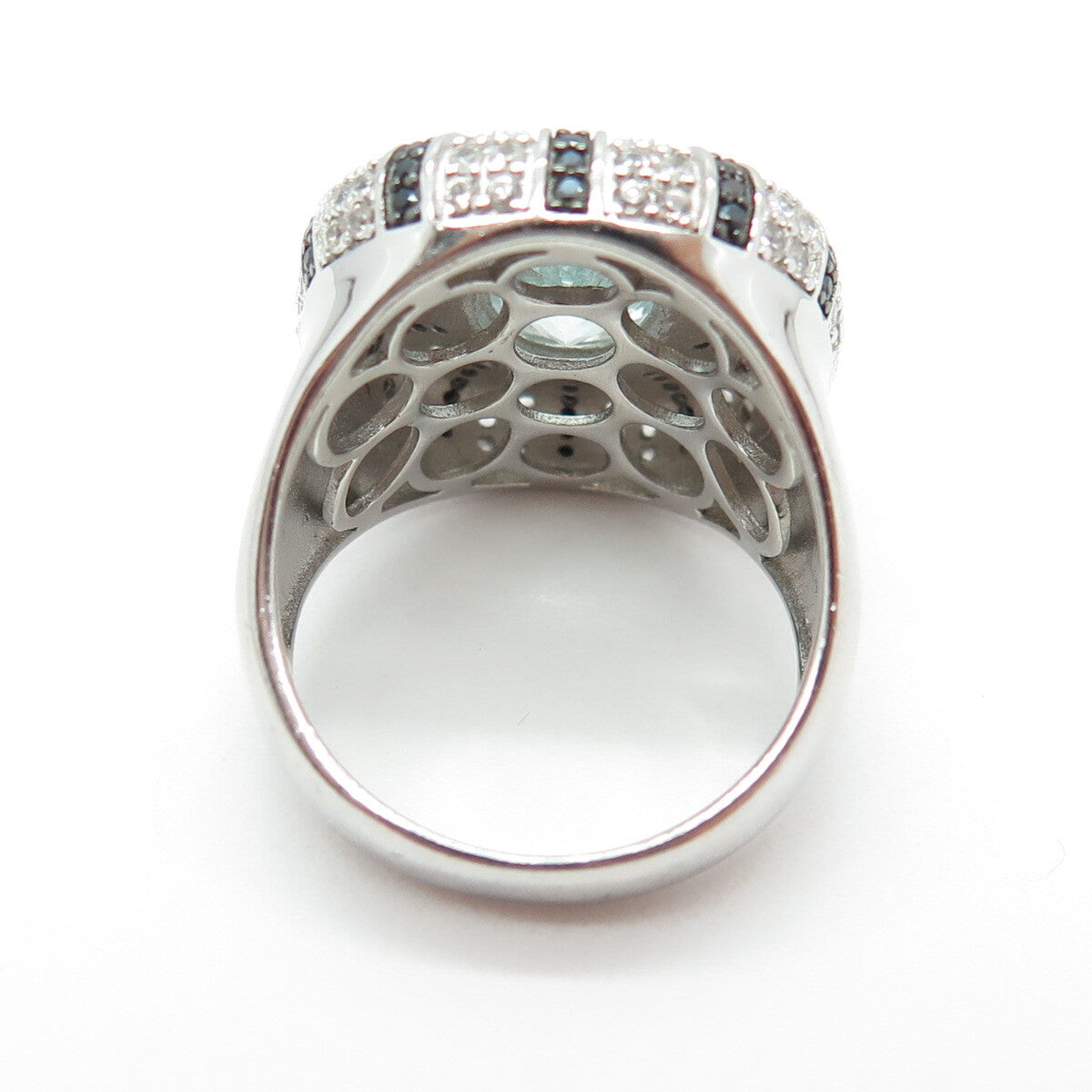 925 Sterling Silver Real Blue & White Topaz Black Spinel Ring Size 8
