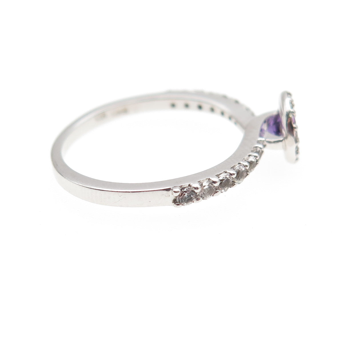 925 Sterling Silver Real Round-Cut Amethyst & White Topaz Ring Size 6.5