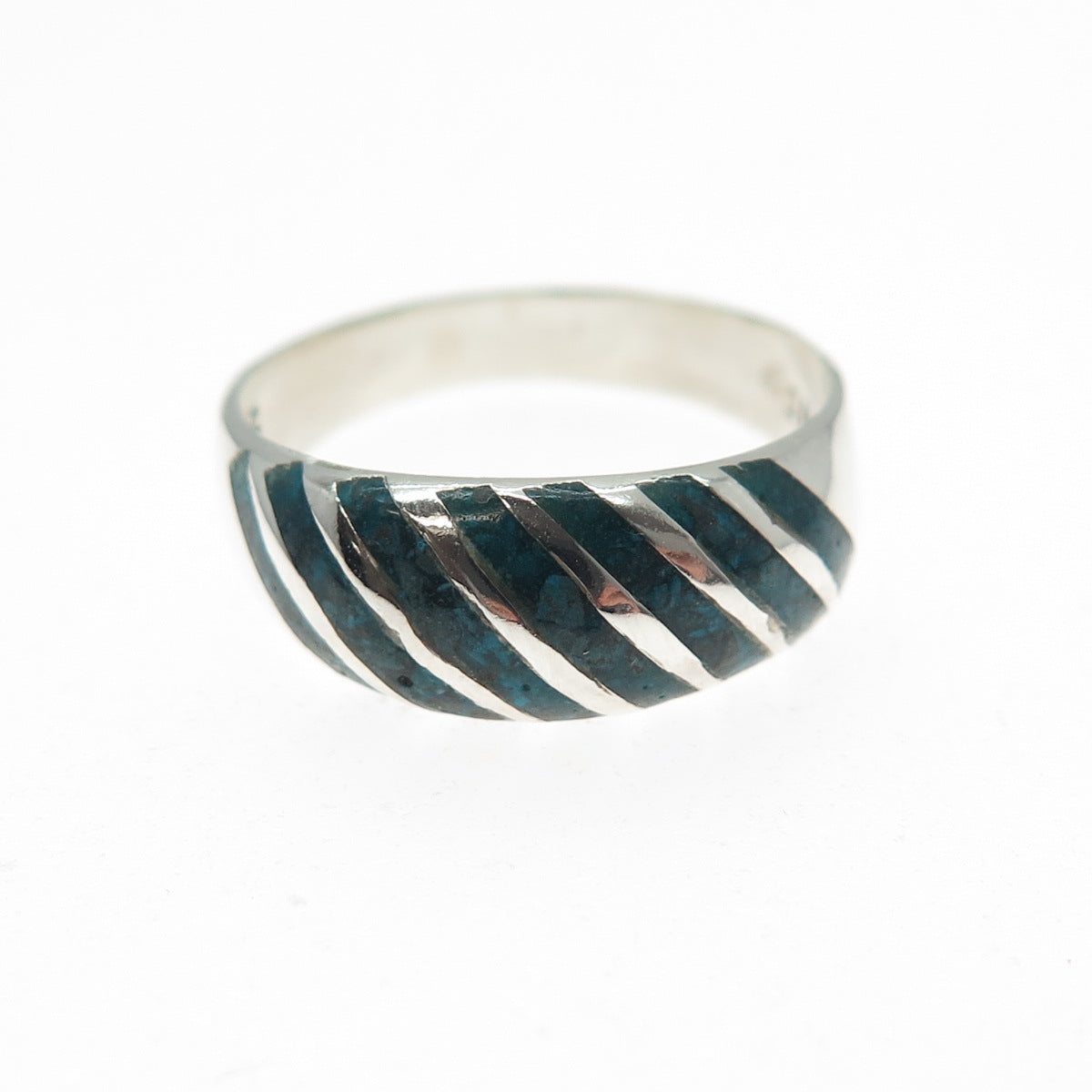 925 Sterling Silver Vintage Mexico Real Turquoise Inlay Ribbed Ring Size 7