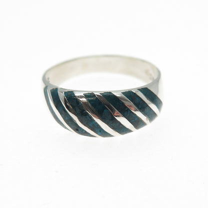 925 Sterling Silver Vintage Mexico Real Turquoise Inlay Ribbed Ring Size 7