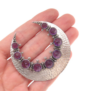 925 Sterling Silver Real Diamond & Amethyst Crescent Centerpiece Slide Pendant