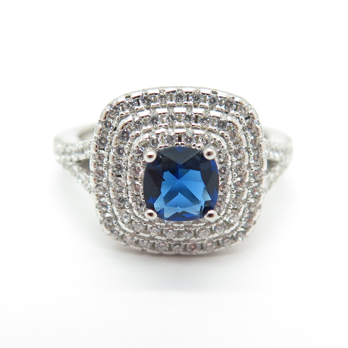 925 Sterling Silver Cushion & Round-Cut Blue White C Z Ring Size 5