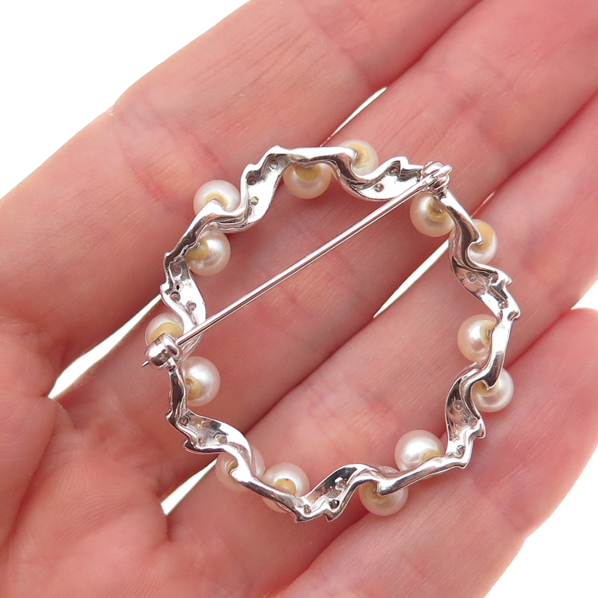 925 Sterling Antique Art Deco Real Pearl & White Topaz Circle of Life Pin Brooch