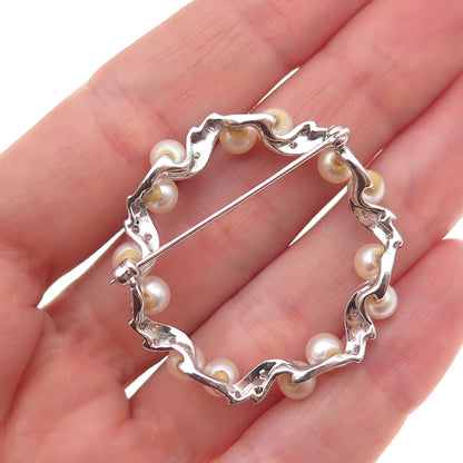 925 Sterling Antique Art Deco Real Pearl & White Topaz Circle of Life Pin Brooch