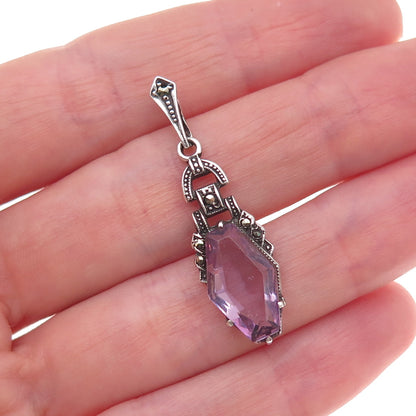 925 Sterling Silver Antique Art Deco Real Amethyst & Marcasite Charm Pendant