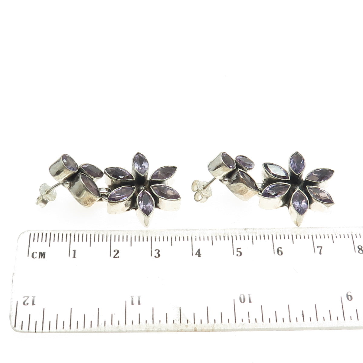 925 Sterling Silver Vintage Real Marquise & Round-Cut Amethyst Floral Earrings