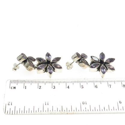 925 Sterling Silver Vintage Real Marquise & Round-Cut Amethyst Floral Earrings