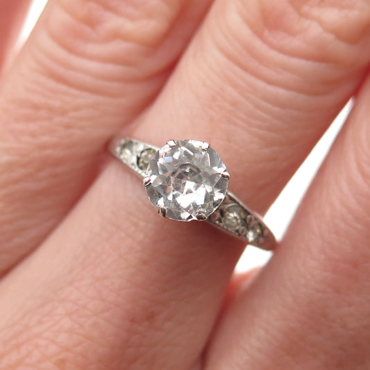 925 Sterling Silver Antique Art Deco Rhinestone Engagement Ring Size 7.25