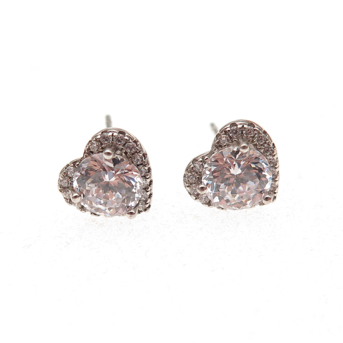 925 Sterling Silver Round-Cut C Z Heart Stud Earrings