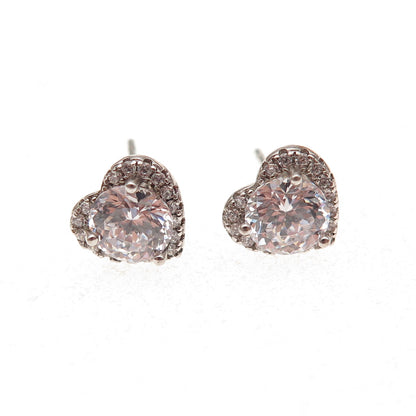 925 Sterling Silver Round-Cut C Z Heart Stud Earrings