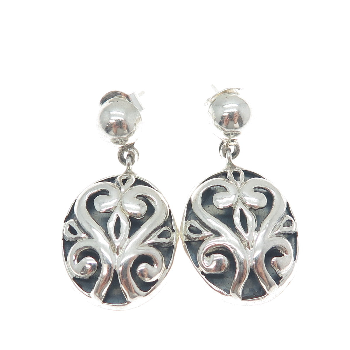 PLATELLA 950 Silver Vintage Floral Oval Dangle Earrings