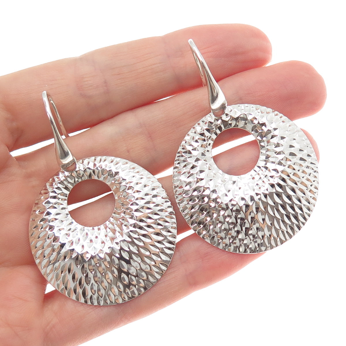 925 Sterling Silver Vintage Modernist Crescent Diamond-Cut Disc Dangle Earrings