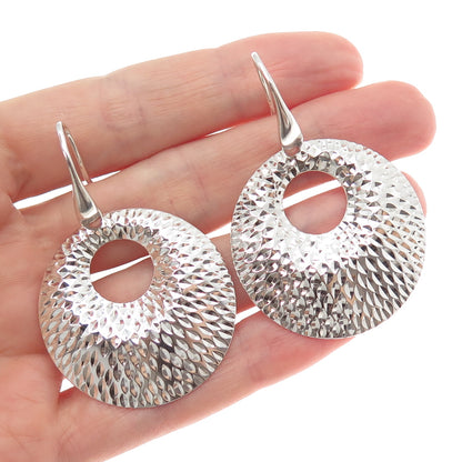 925 Sterling Silver Vintage Modernist Crescent Diamond-Cut Disc Dangle Earrings