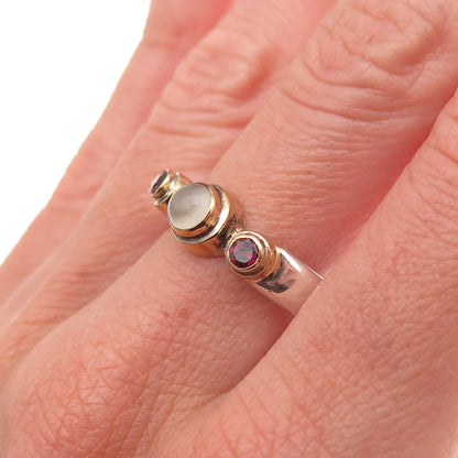 925 Sterling Silver 2-Tone Vintage Real Moonstone & Red Garnet Ring Size 9.25