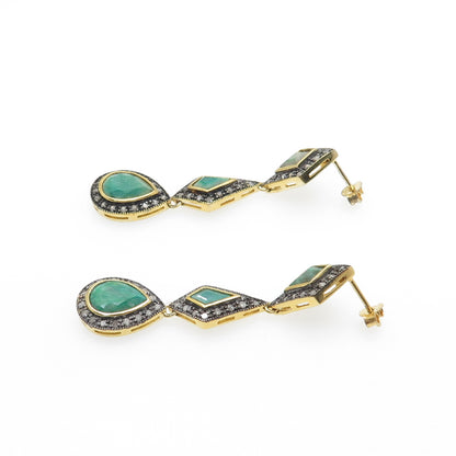 925 Sterling Silver Gold Plated Real Diamond & Emerald Teardrop Dangle Earrings