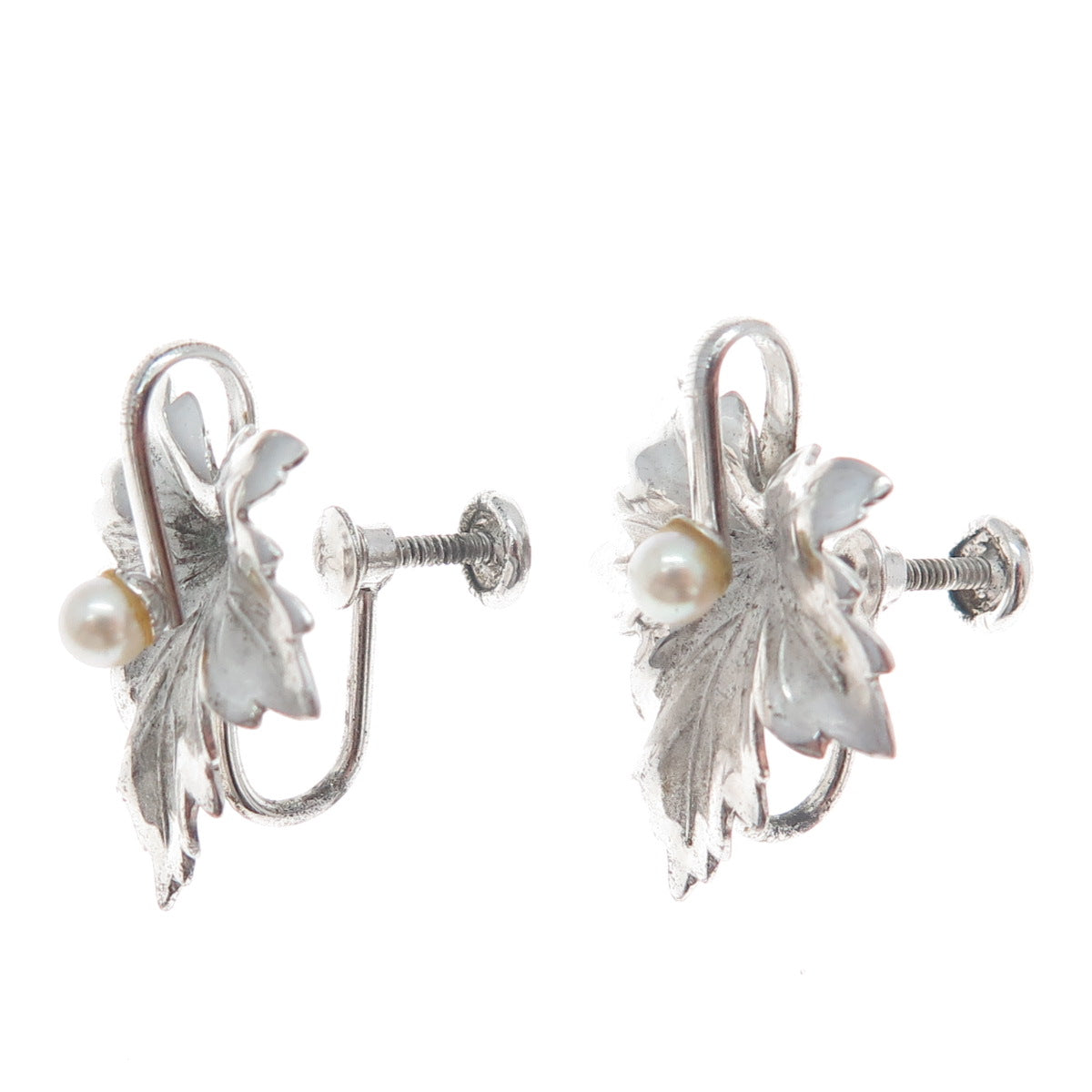 CARL ART 925 Sterling Silver Antique Real Pearl Leaf Screw Back Earrings
