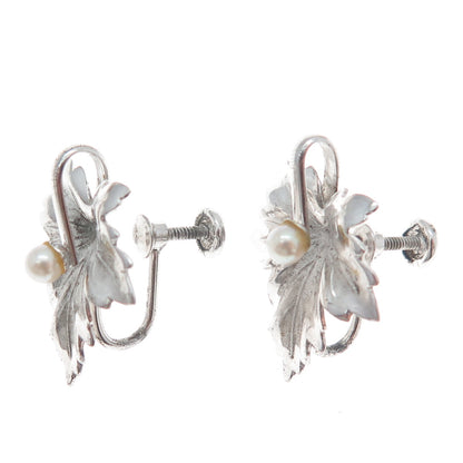 CARL ART 925 Sterling Silver Antique Real Pearl Leaf Screw Back Earrings