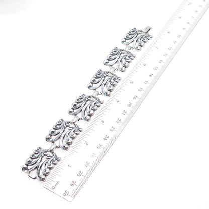 DANECRAFT 925 Sterling Silver Antique Floral Panel Link Oxidized Bracelet 7.75"