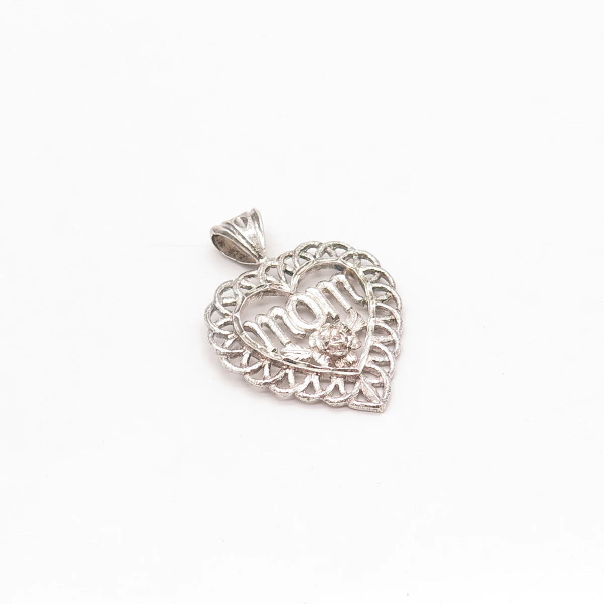 925 Sterling Silver Vintage "MOM" Floral Heart Pendant