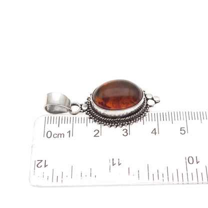 925 Sterling Silver Vintage Real Amber Granulated Charm Pendant