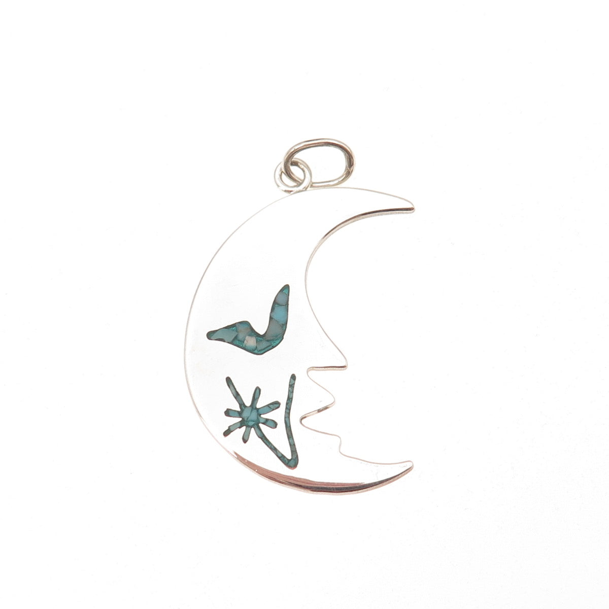 925 Sterling Vintage Real Turquoise Inlay Man in The Moon Crescent Charm Pendant