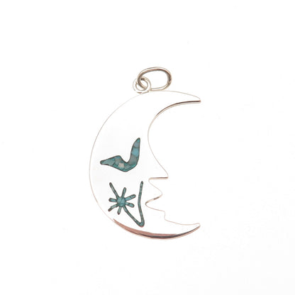 925 Sterling Vintage Real Turquoise Inlay Man in The Moon Crescent Charm Pendant