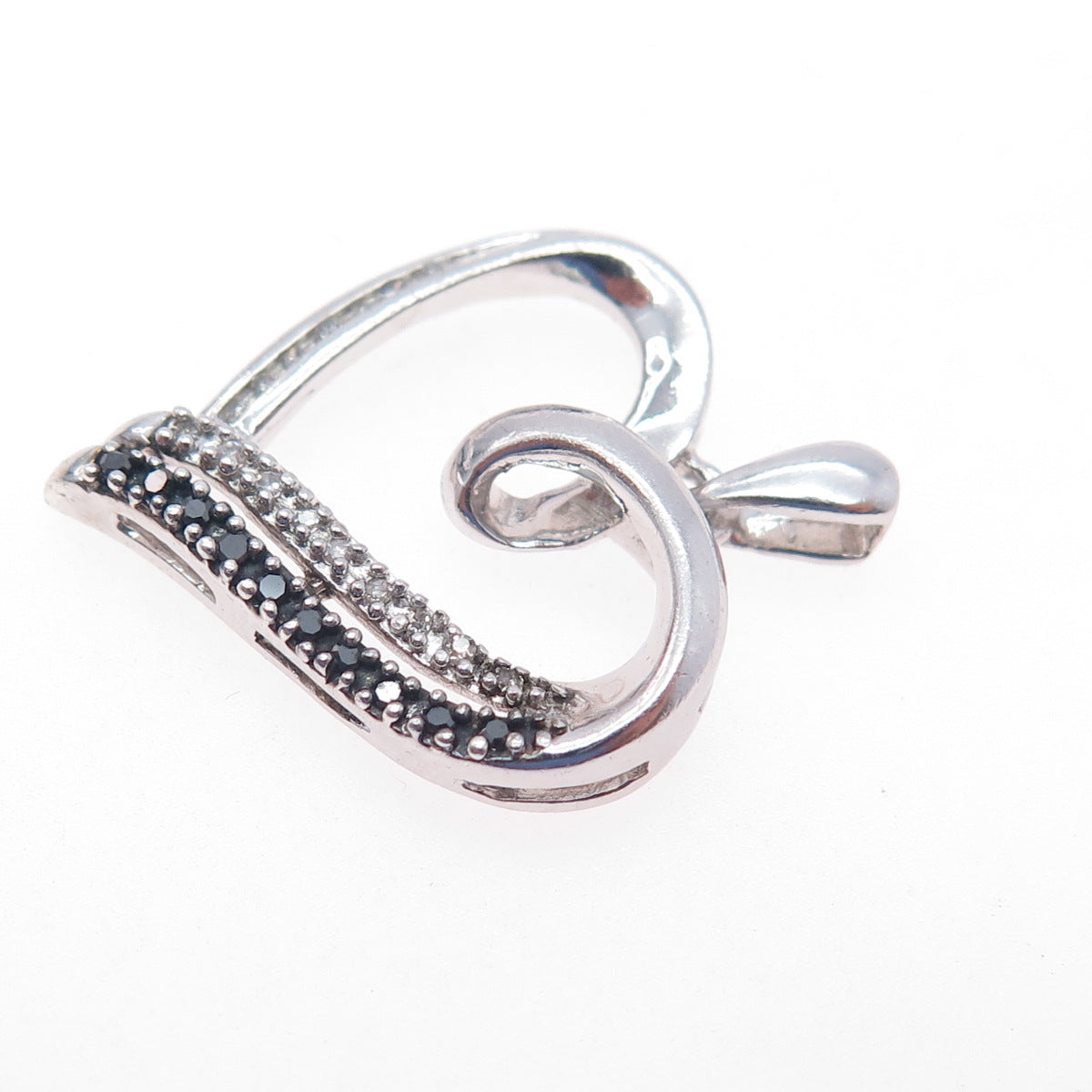 925 Sterling Silver Real Round-Cut Black & White Diamond Heart Charm Pendant