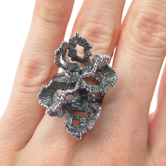 925 Sterling Silver Vintage Modernist Floral Oxidized Ring Size 5.5