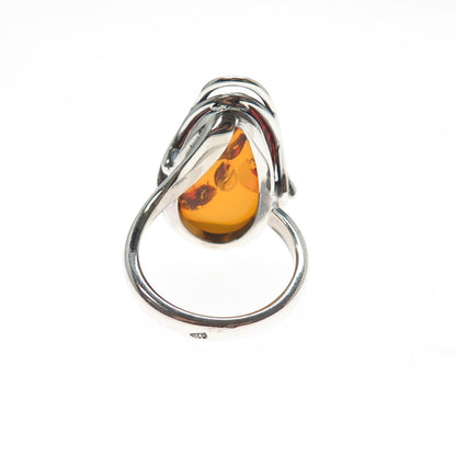 925 Sterling Silver Vintage Real Amber Modernist Adjustable Ring Size 8.75