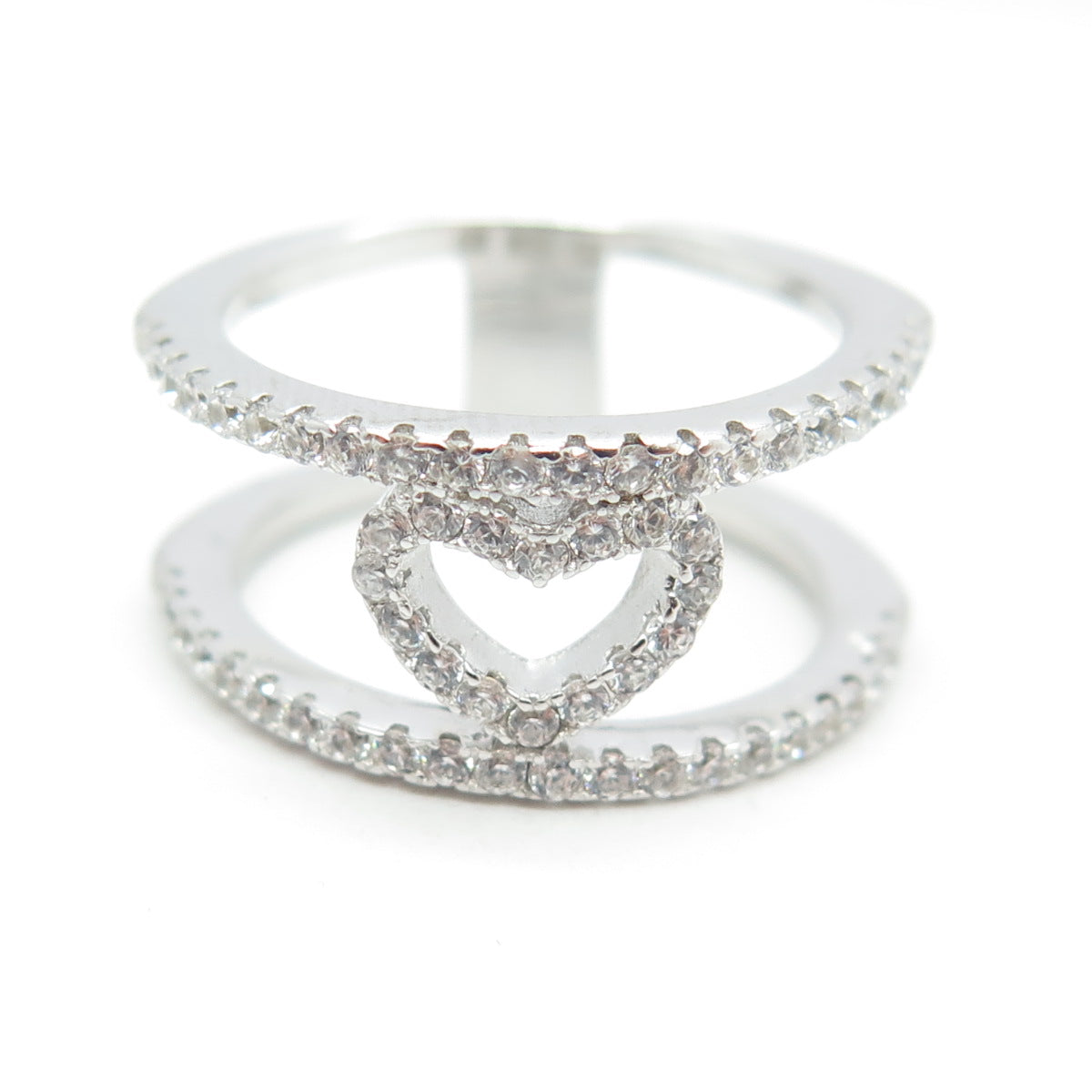 925 Sterling Silver Pave C Z Open Heart Ring Size 6