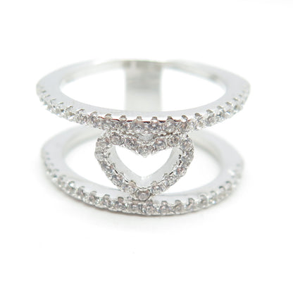 925 Sterling Silver Pave C Z Open Heart Ring Size 6