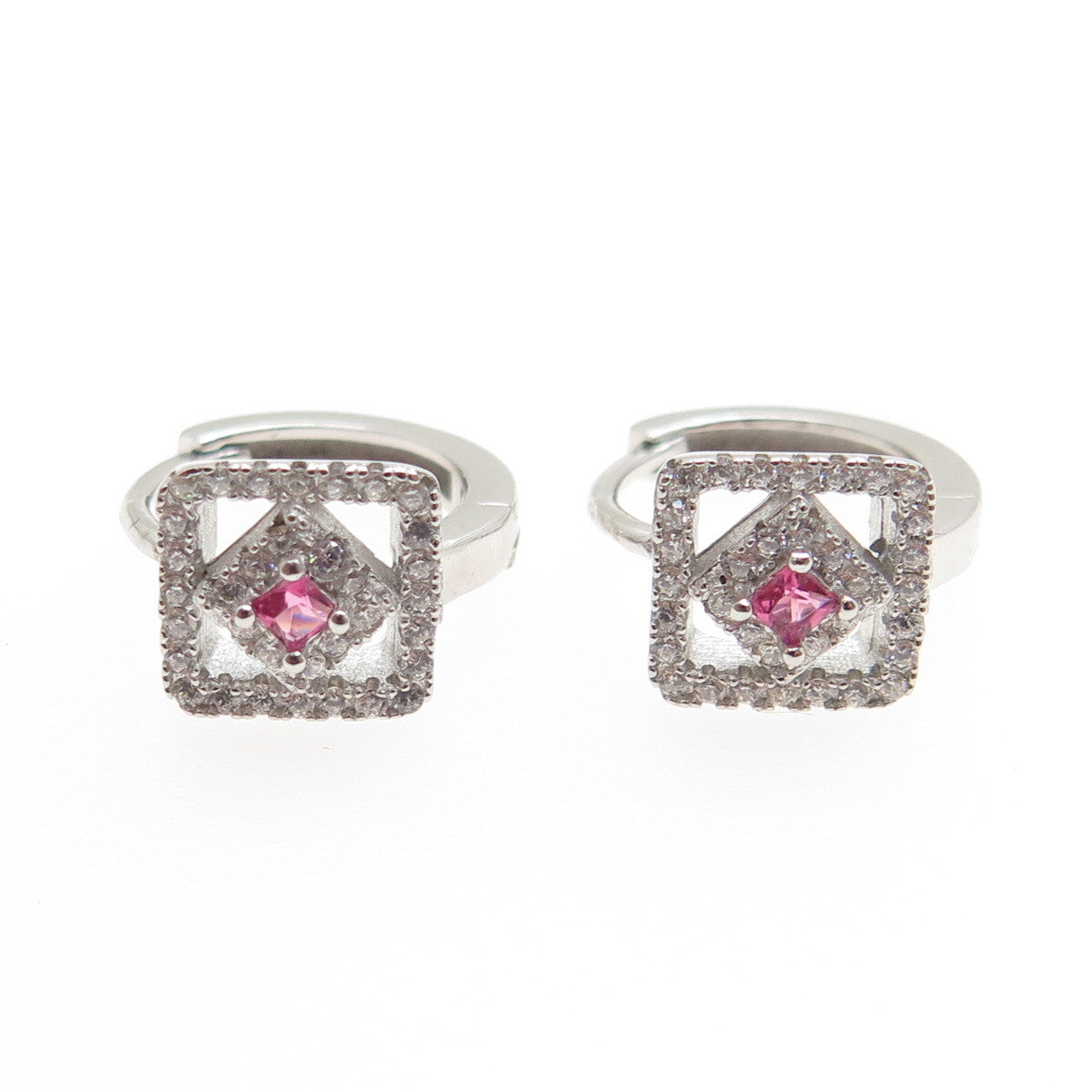 925 Sterling Silver Pink Princess-Cut & White Round-Cut Shaped C Z Hoop Earrings
