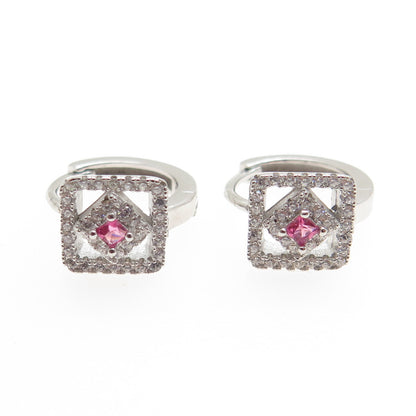 925 Sterling Silver Pink Princess-Cut & White Round-Cut Shaped C Z Hoop Earrings