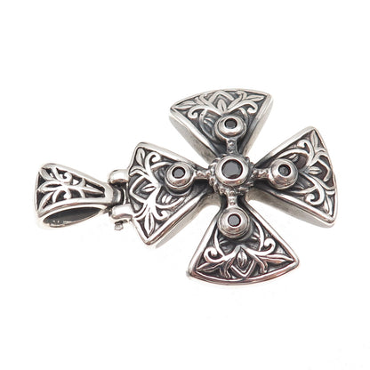 925 Sterling Silver Vintage Real Black Spinel Maltese Cross Oxidized Pendant