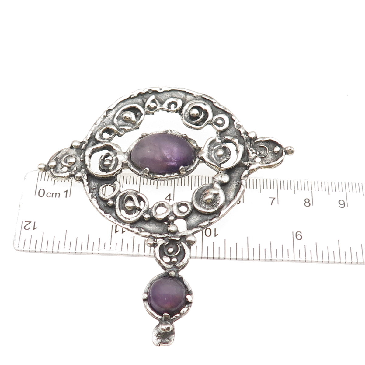 925 Sterling Silver Vintage Israel Real Amethyst Modernist Pin Brooch / Pendant