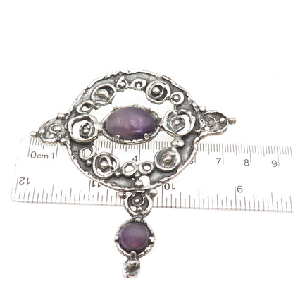 925 Sterling Silver Vintage Israel Real Amethyst Modernist Pin Brooch / Pendant