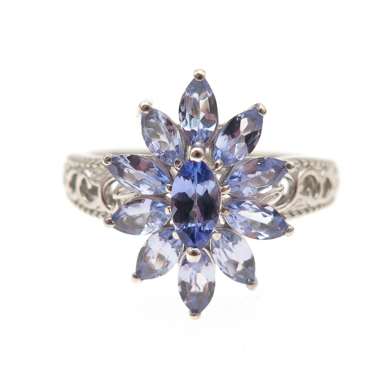 D'Joy 925 Sterling Silver Real Marquise-Cut Tanzanite Floral Ring Size 8.25