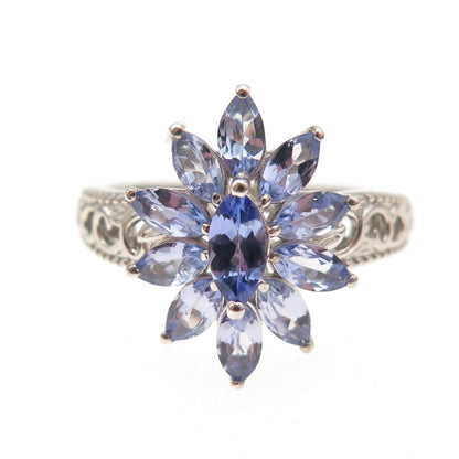 D'Joy 925 Sterling Silver Real Marquise-Cut Tanzanite Floral Ring Size 8.25