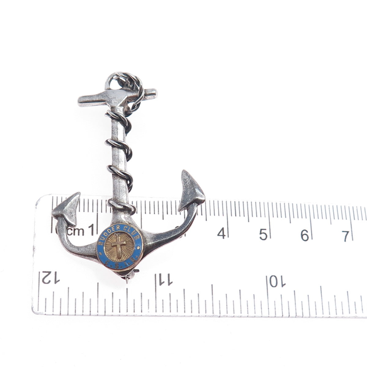 925 Sterling Silver Antique Art Deco Enamel Rudder Club Anchor Oxidized Brooch