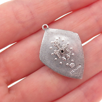 925 Sterling Silver Antique Art Deco Real MOP & Marcasite St. Mary Charm Pendant