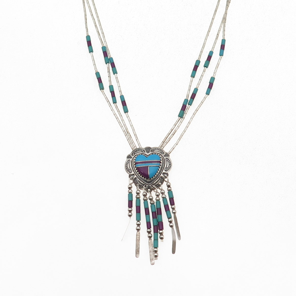 Quoc Turquoise Old Pawn 925 Sterling Vintage Sugilite Heart Chain Necklace 24"