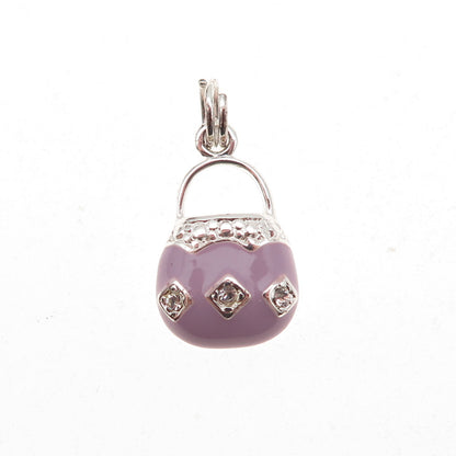 925 Sterling Silver Enamel Round-Cut C Z Ladies Purse Charm Pendant