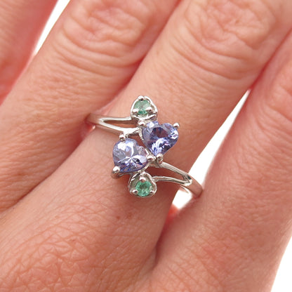 Chuck Clemency 925 Sterling Silver Real Tanzanite & Emerald Heart Ring Size 8.25
