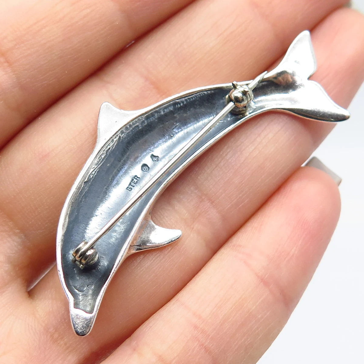 925 Sterling Silver Vintage Sun West Friendly Dolphin Pin Brooch