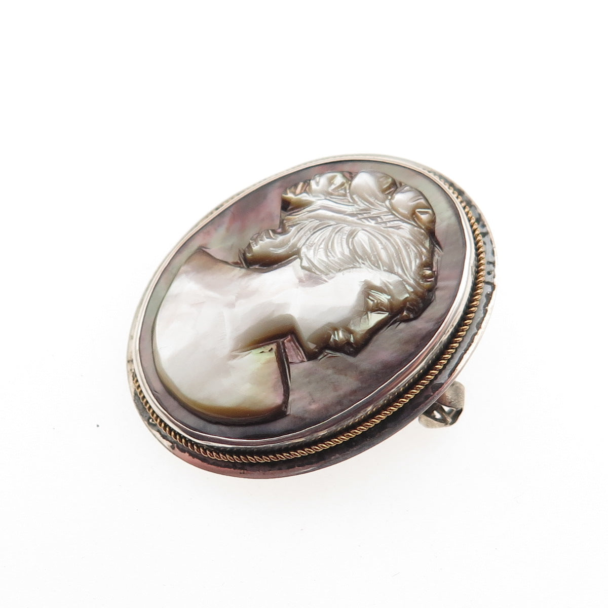 925 Sterling 2-Tone Vintage Real Abalone Shell Lady Cameo Pin Brooch / Pendant