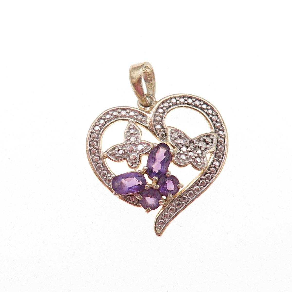 925 Sterling Silver Real Diamond Accent & Amethyst Butterfly Heart Charm Pendant