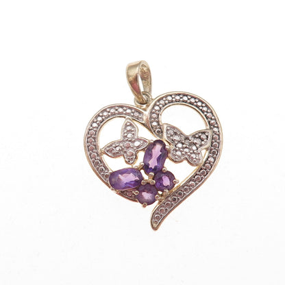 925 Sterling Silver Real Diamond Accent & Amethyst Butterfly Heart Charm Pendant